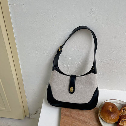 2026 new bag retro French canvas patchwork shoulder bag color bump handbag