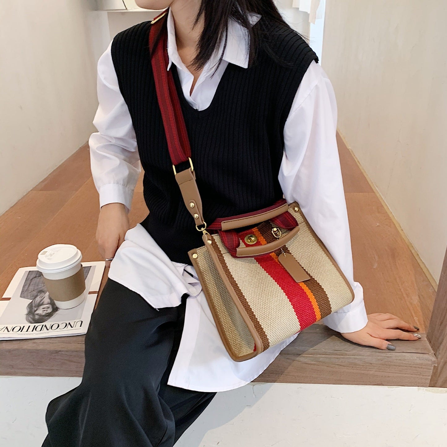2026 New Vintage Tote Bag Tidal Canvas Stripe Student Shoulder Crossbody Tote Bag