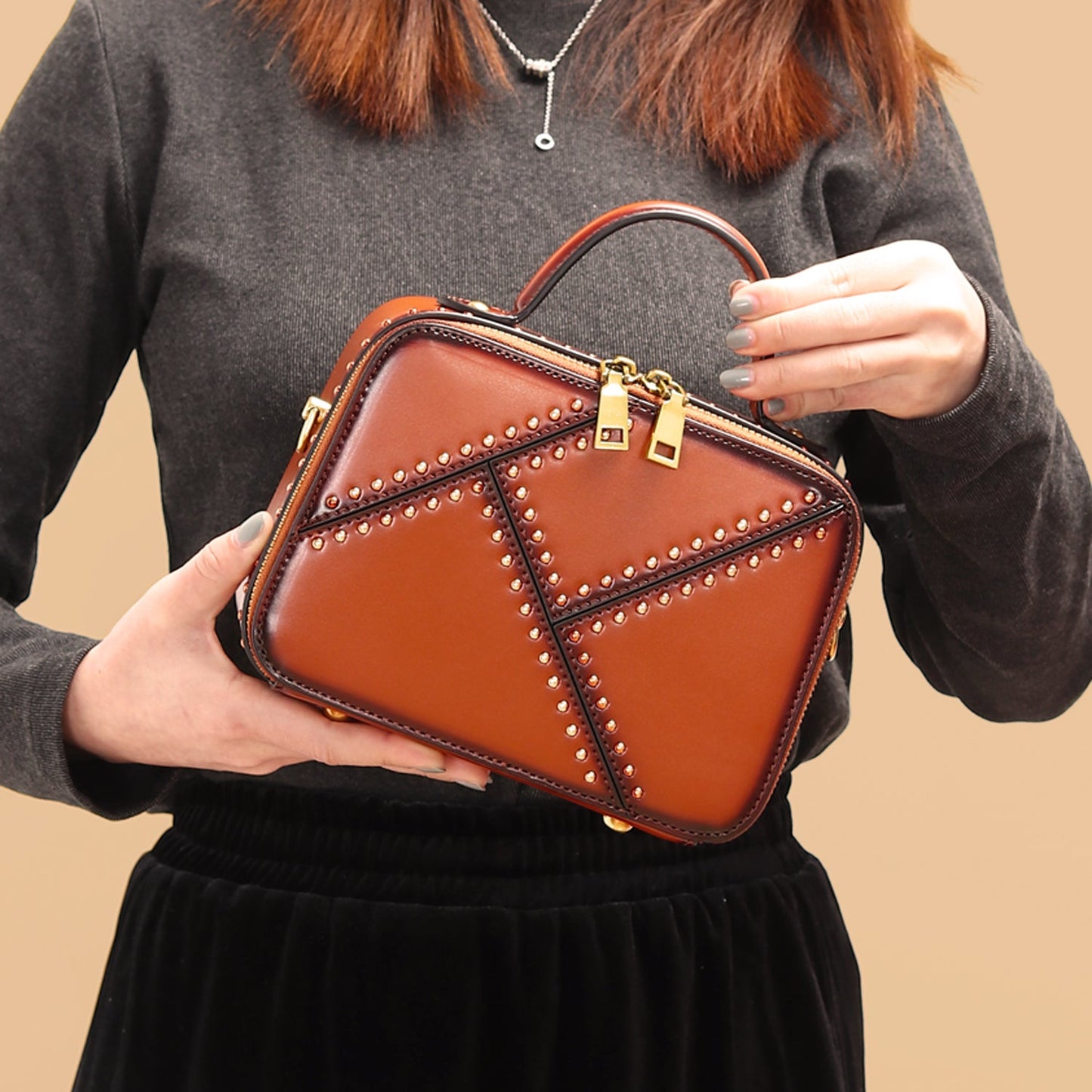 Rivet Crossbody Zipper Clutch Crossbody Bags Leather Shoulder Geunine Leather