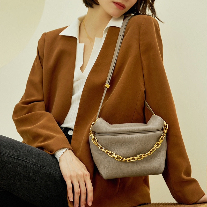 Bag women’s genuine leather soft and thick cow leather unique fold cloud bag with chain ladies shoulder bag