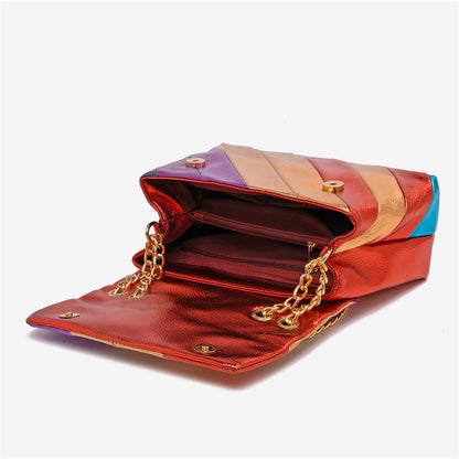 New Arrival Shiny Multi-color Stitching PU Handbag Rainbow Color Metallic Striped Chain Crossbody Bag