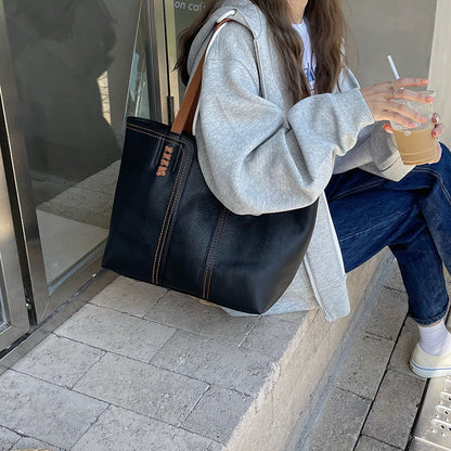New Fashion Simple Tote Bag Retro Large Capacity Portable Soft Faux Leather Tote Shoulder Bag for Women